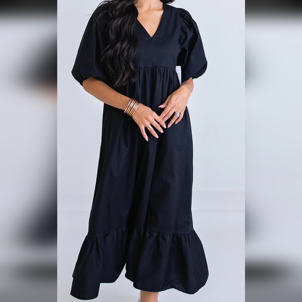 Black V-Neck Maxi Dress with Ruffle Hem